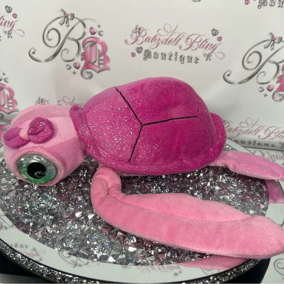 Big eyed pink sea turtle sparkly adorable bow tie on head plush  stuffed toy - Picture 3 of 14